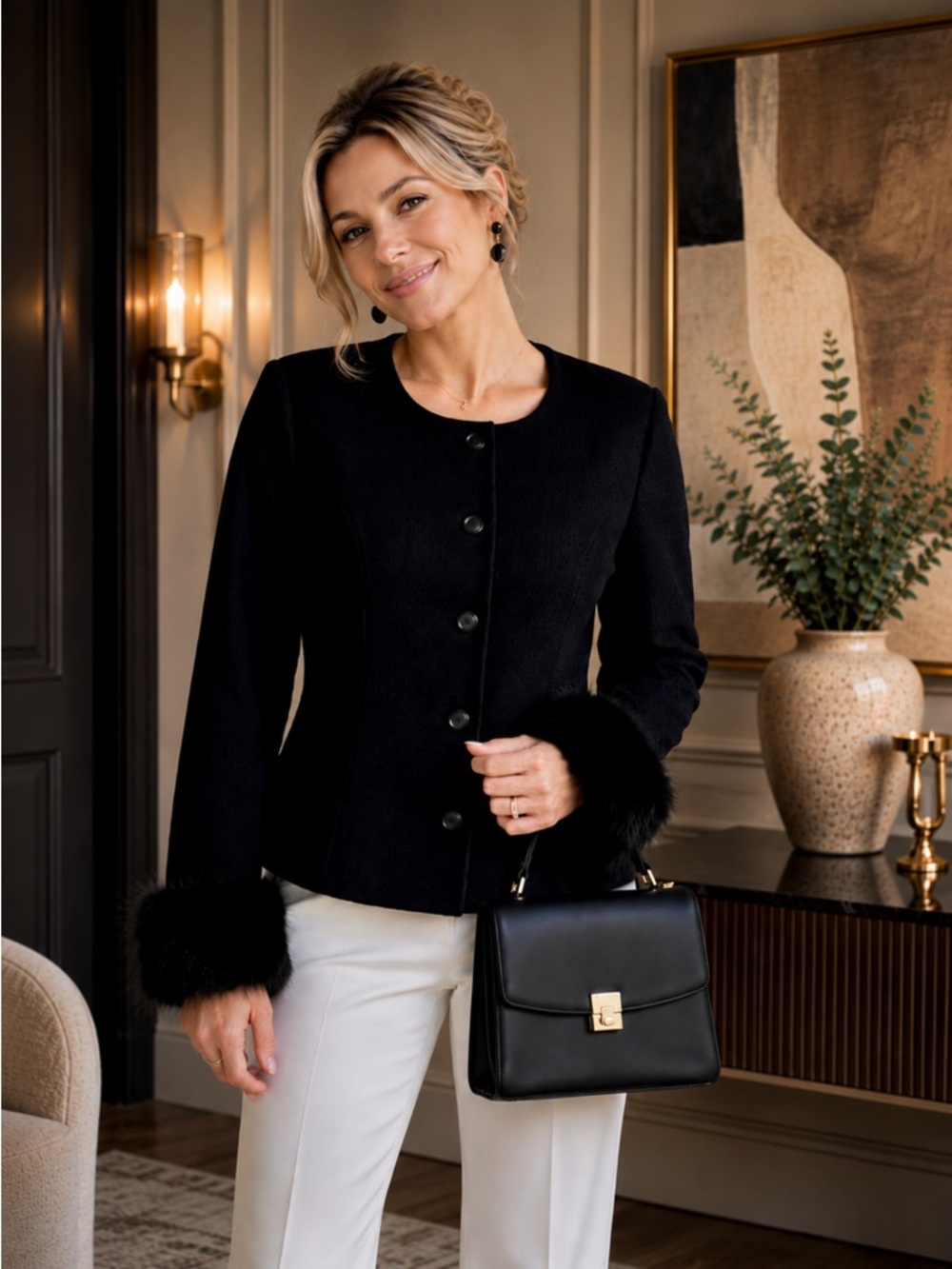 Chico’s Black Perforated Jacket with Faux Fur Cuffs
